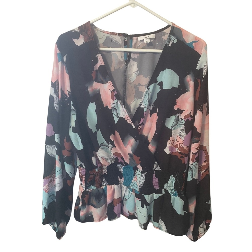 Bar III Womens XL Floral Smocked Waist Peplum Blouse Office Casual Flirty‎ Light